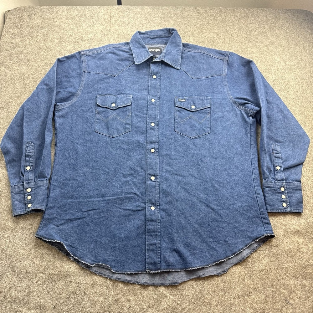 Wrangler Denim Shirt Mens XL Blue Pearl Snap Western Cowboy Dark Wash Workwear